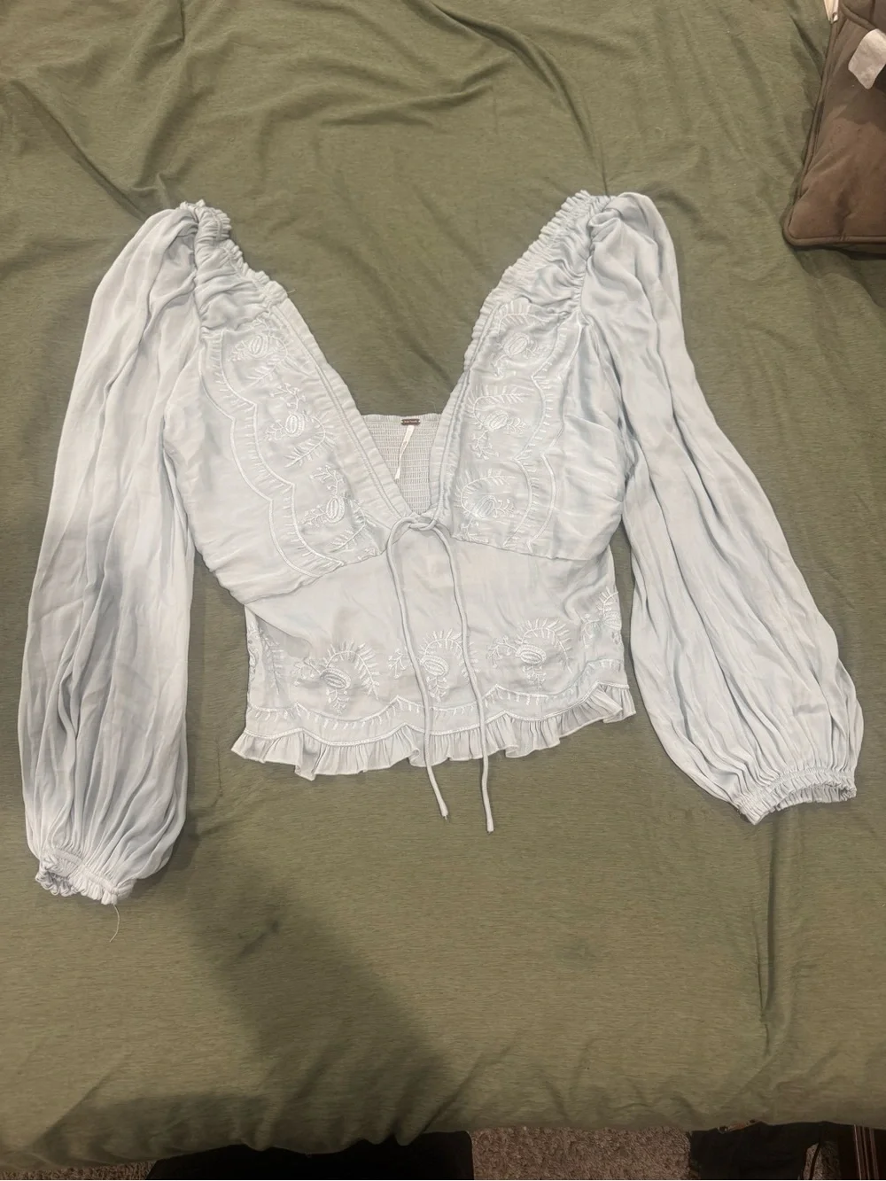 Free People Pale Gray Embroidered Puff-Sleeve Bustier